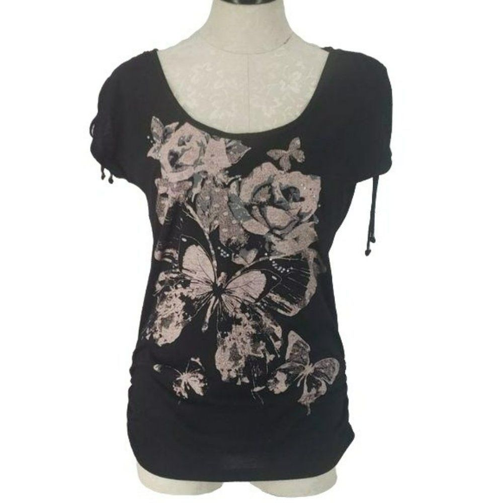 Lena Women's Vintage 90'S Black Butterfly‎ Short Sleeve T Shirt Size Medium